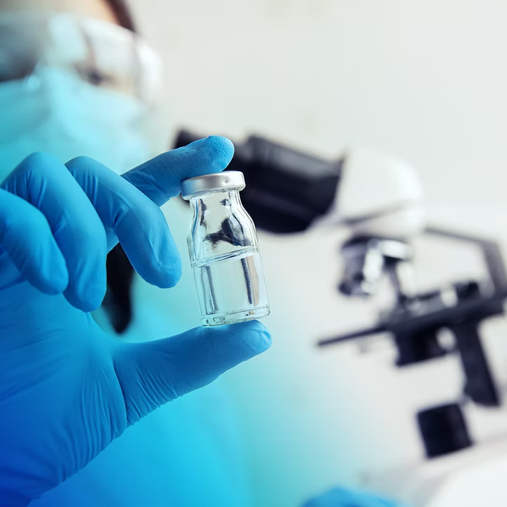 Researcher holding a medical vial in a laboratory